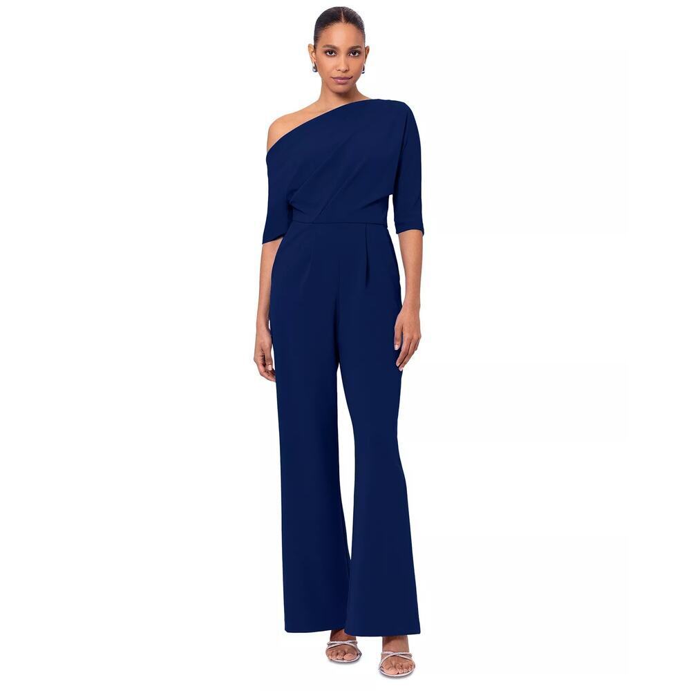 Betsy & Adam Women's One-Shoulder Jumpsuit Elbow-Length Sleeves Navy Size 12 NWT
